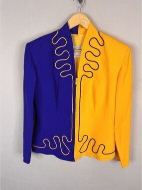 Algo-Ettes Vintage Two Tone Split Blazer Blue Yellow Soutache Zip Jacket Hussar